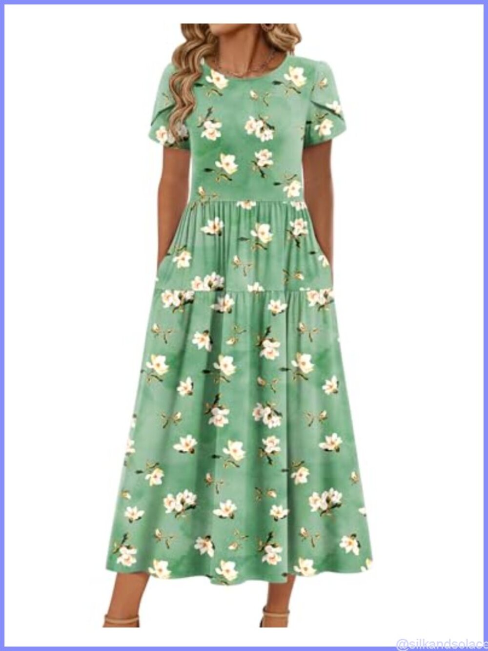 Women's Boho Maxi Dress Short Sleeve A-Line Empire Waist with Pockets